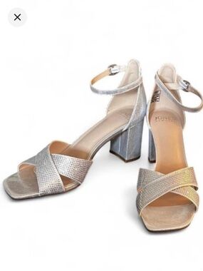 Jones New York Metallic Silver Crisscross Ankle-Strap Heels